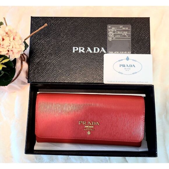 PRADA| Red Vitello Move 1 Large Wallet| Women's Wallet - Picture 1 of 16